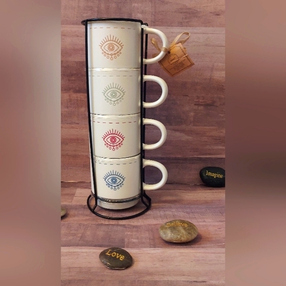 SALE! NWT Boho Evil Eye Set Stackable Coffee Mugs/Tea Cups Metal Organizer Stand - Picture 2 of 16